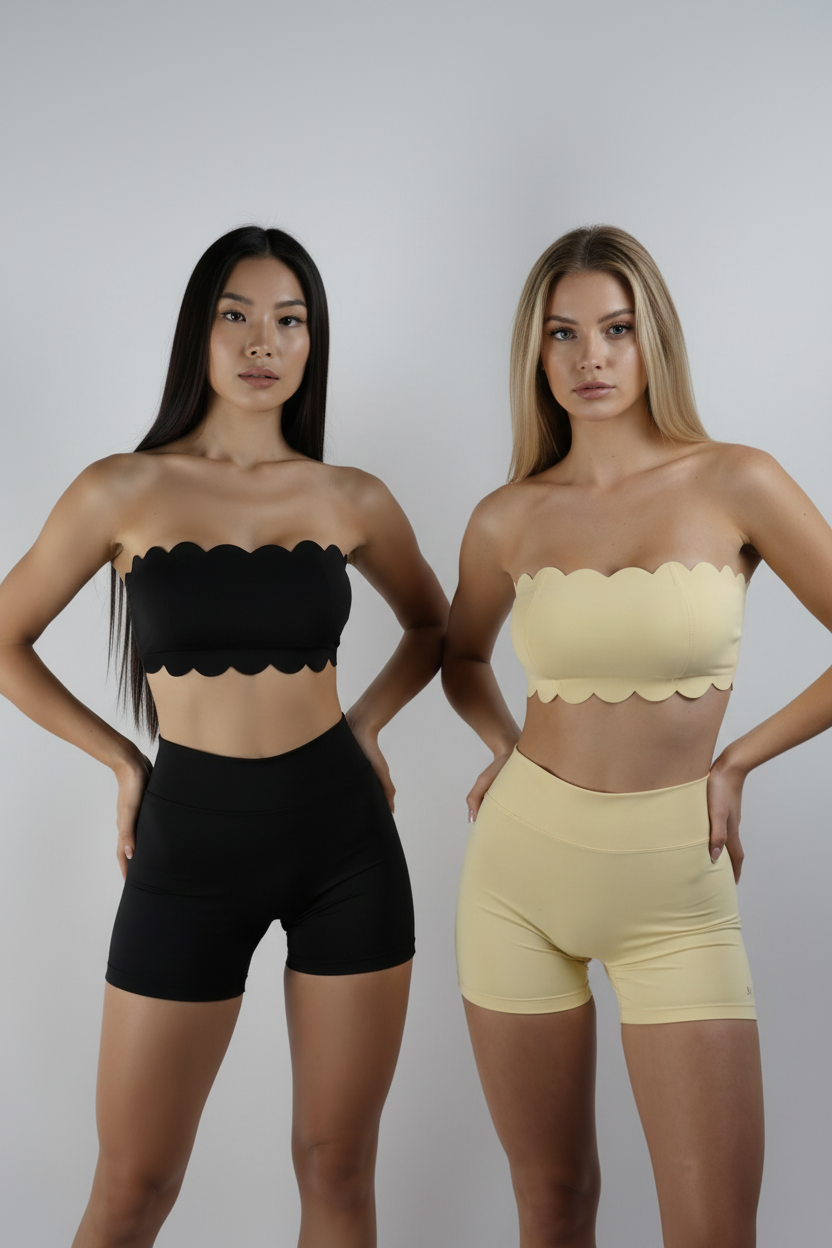 Dos modelos - asiática con amarillo y rubia con negro