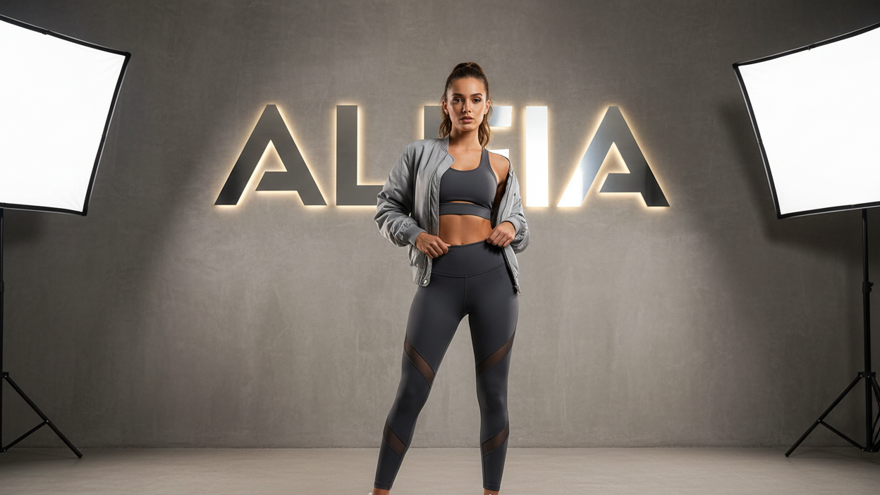 GENERA UNA IMAGEN DE UNA MUJER CON ROPA DEPORTIVA ELEGANDO CON EL NOMBRE ALEIA EN PLANEATO